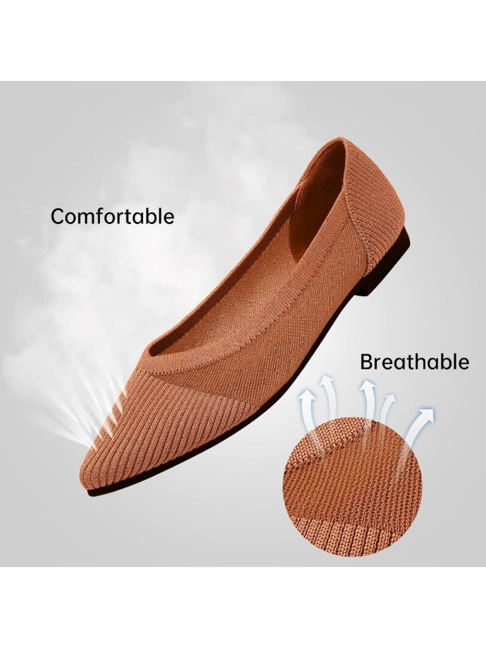 Women's Brown Pointed Toe Knit Comfortable Dressy Mesh Pull On Ballet Flats - Picture 4 of 6
